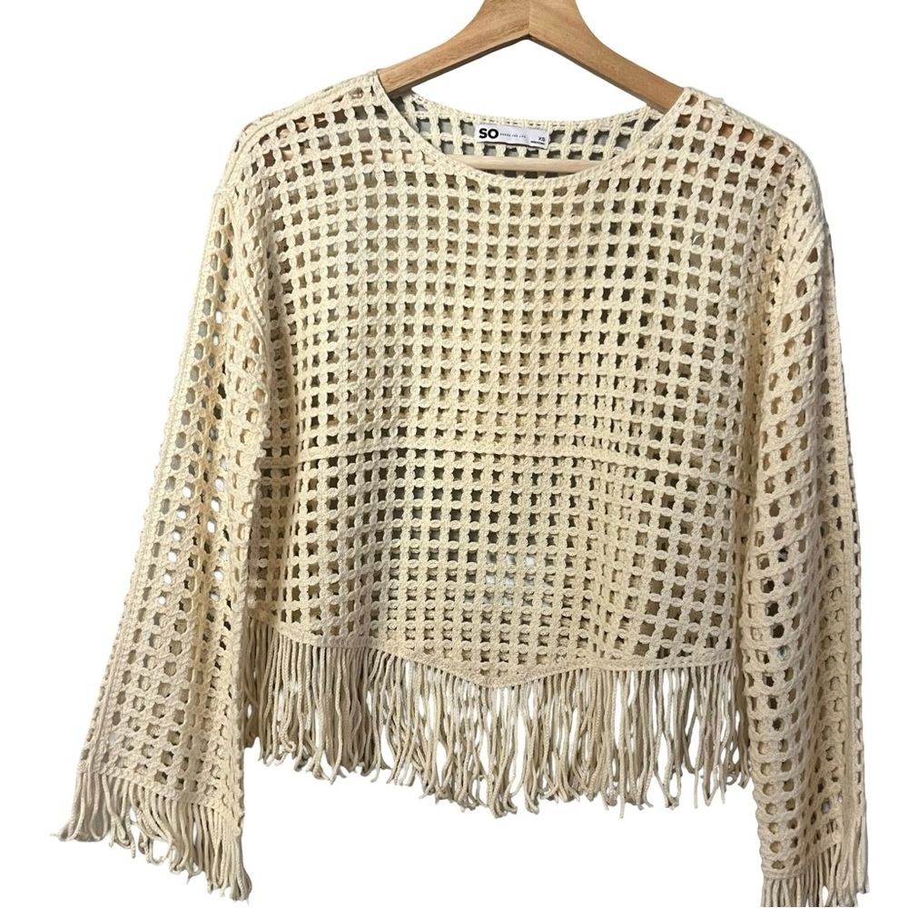 SO Womens Boho Crochet Open Knit Top Sz XS Fringe Hippie Festival Cottage Beachy